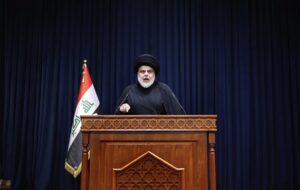 Influential Shiite cleric Muqtada al-Sadr, makes a speech from his house, in Najaf, Iraq, Tuesday, Aug. 30, 2022. Al-Sadr called on his supporters to withdraw Tuesday from the capital’s government quarter, where they have traded heavy fire with security forces in a serious escalation of a months long political crisis gripping the nation. (AP Photo/Anmar Khalil)