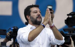 FILE – Leader of The League party, Matteo Salvini, speaks at a party’s rally in Pontida, northern Italy, Sunday, Sept. 15, 2019. Italy’s former firebrand interior minister, Matteo Salvini, is campaigning to get his old job back. Salvini is making a stop Thursday, Aug. 4, 2022 on Italy’s southernmost island of Lampedusa, the gateway to tens of thousands of migrants arriving in Italy each year across the perilous central Mediterranean Sea. Salvini is sounding the alarm that the migrant reception center on the island is overcrowded to the breaking point. (AP Photo/Luca Bruno, File)