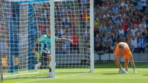 Kieran Trippier managed to clear Solly March’s first-half effort before it crossed the goalline