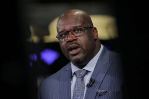 Former basketball star Shaquille O’Neal, speaks during an interview on CNBC about joining the board of Papa John’s International Inc., on the floor of the New York Stock Exchange (NYSE) in New York, U.S., March 22, 2019. REUTERS/Brendan McDermid/File Photo