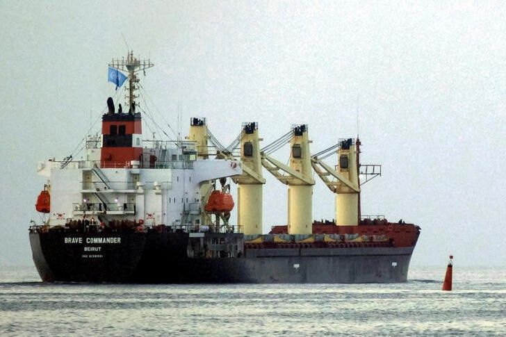 The Lebanese-flagged bulk carrier Brave Commander leaves the sea port of Pivdennyi with wheat for Ethiopia after restarting grain export, amid Russia’s attack on Ukraine, in the town of Yuzhne, Odesa region, Ukraine August 16, 2022. REUTERS/Igor Tkachenko/File Photo