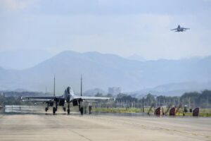 FILE – In this photo released by China’s Xinhua News Agency, air force and naval aviation corps of the Eastern Theater Command of the Chinese People’s Liberation Army (PLA) fly planes at an unspecified location in China, Aug. 4, 2022. The Chinese air force is sending fighter jets and bombers to Thailand for a joint exercise with the Thai military on Sunday, Aug. 14, 2022. (Fu Gan/Xinhua via AP, File)