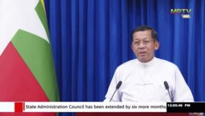 In this image from video by Myanmar state broadcaster MRTV, Senior General Min Aung Hlaing, head of the ruling State Administration Council, delivers a broadcast speech Monday, Aug. 1 2022. The leader of Myanmar’s military-installed government has announced the extension of its mandate to rule for another six months in preparation for an election it has said will be held next year. (MRTV via AP)