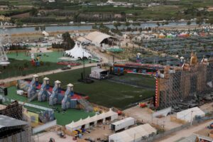 A view shows the venue of Medusa Festival, an electronic music festival, after high winds caused part of a stage to collapse, in Cullera, near Valencia, Spain, August 13, 2022. REUTERS/Eva Manez
