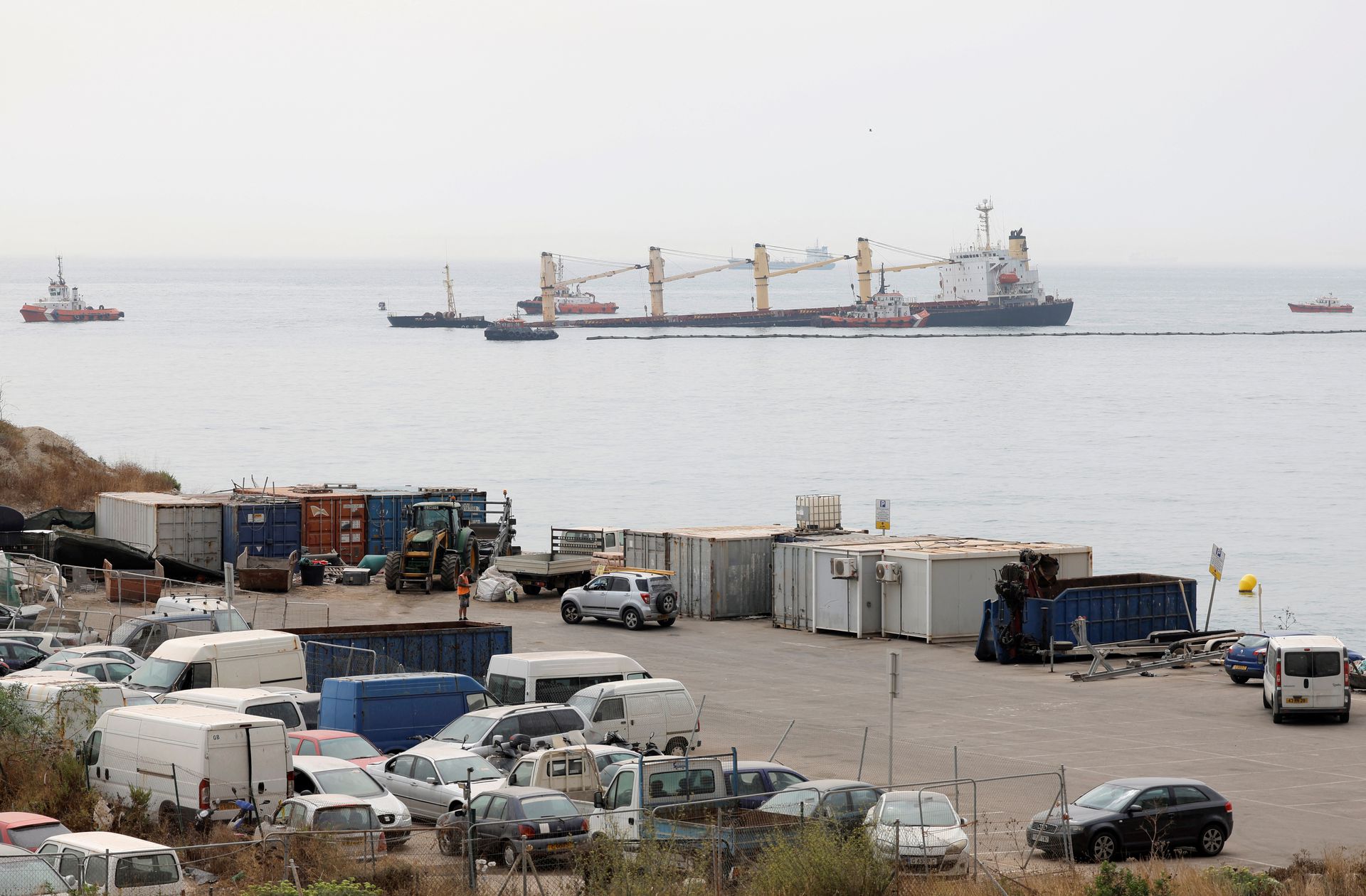 Cargo ship OS 35 is half sunk in Catalan Bay after colliding with LNG tanker ADAM LNG near Gibraltar, August 30, 2022. REUTERS/Jon Nazca
