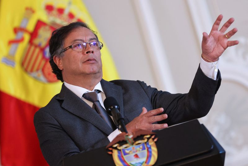 Colombian President Gustavo Petro attends a news conference with Spanish Prime Minister Pedro Sanchez, in Bogota, Colombia August 24, 2022. REUTERS/Luisa Gonzalez