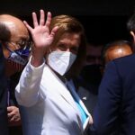 U.S. House of Representatives Speaker Nancy Pelosi waves while leaving the parliament in Taipei, Taiwan August 3, 2022. REUTERS/Ann Wang