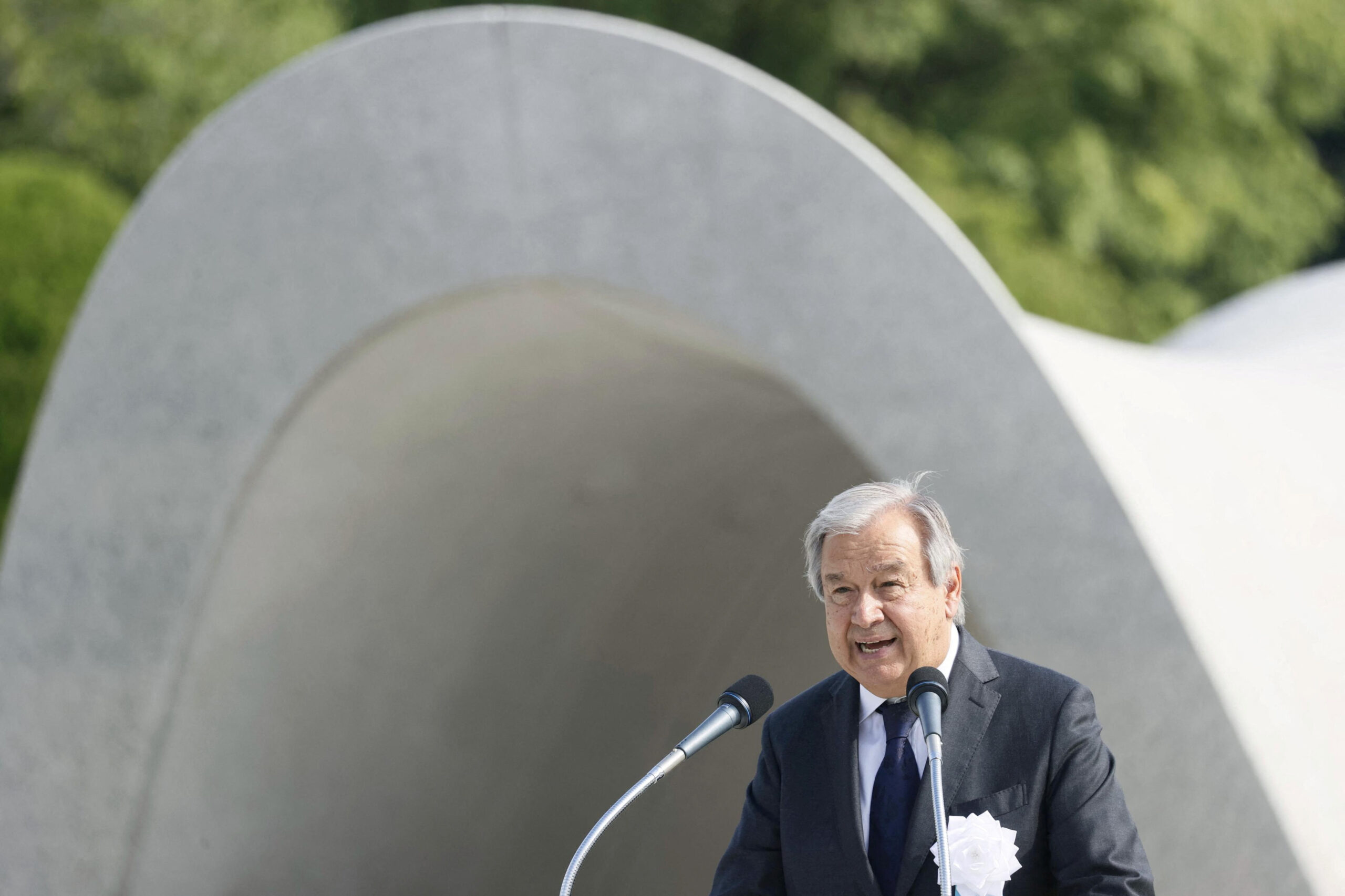 U.N. Secretary General Antonio Guterres delivers a speech during a ceremony to mark the 77th anniversary of the world’s first atomic bombing in Hiroshima, Japan