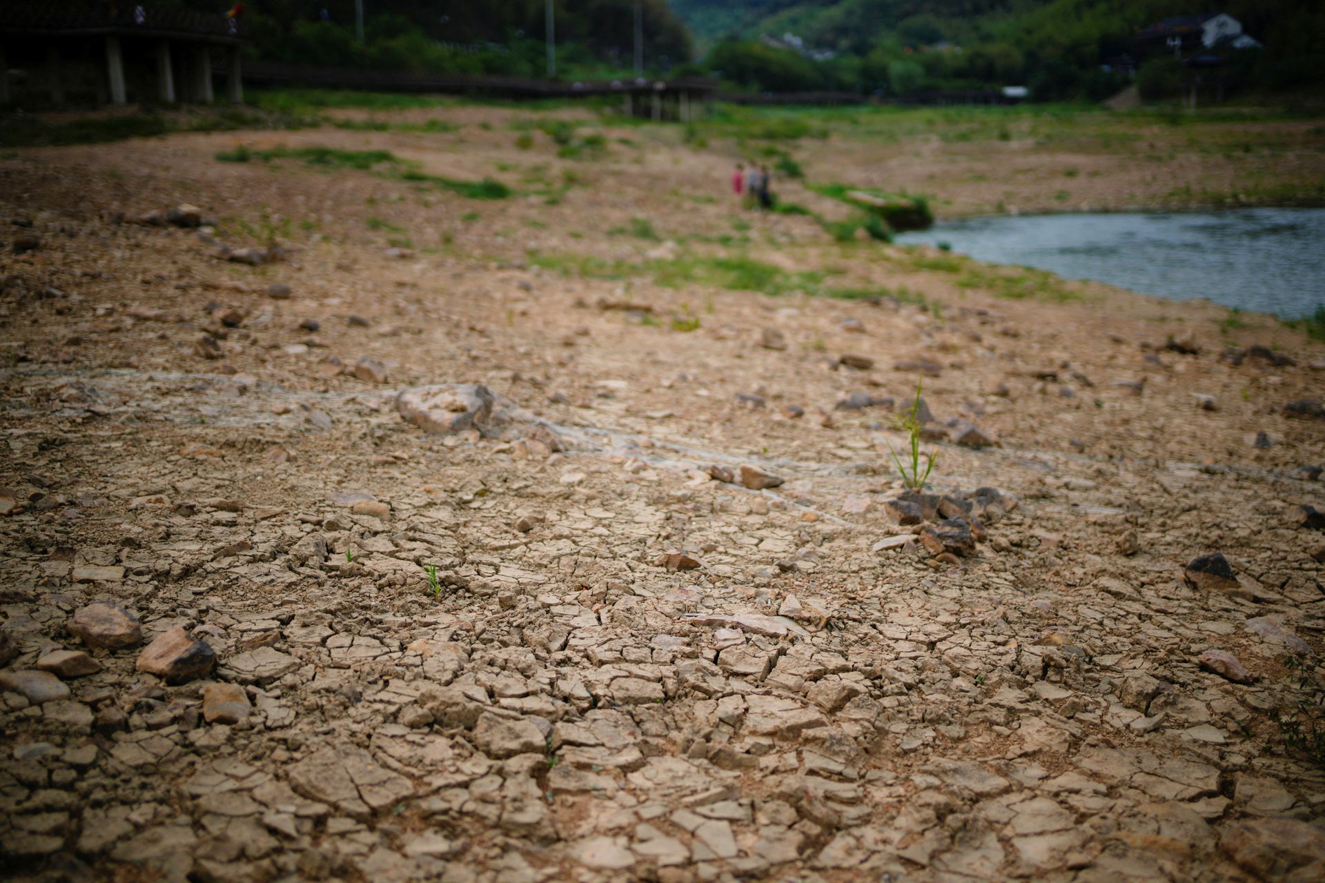 Cracks can be seen on the dried-up bed of a reservoir, amid hot temperatures, while many regions from southwest to east of the country along the Yangtze river have been experiencing weeks of record-breaking heatwave in Changxing, Zhejiang province, China, August 20, 2022. REUTERS/Aly Song