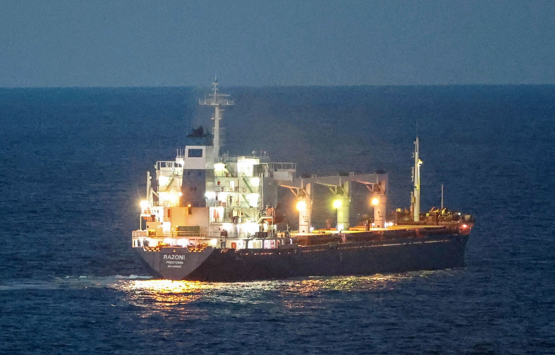 The Sierra Leone-flagged cargo ship Razoni, carrying Ukrainian grain, is seen in the Black Sea off Kilyos, near Istanbul, Turkey August 2, 2022. REUTERS/Yoruk Isik