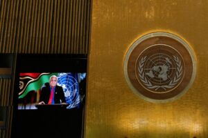 Vanuatu’s Prime Minister Bob Loughman remotely addresses the 76th Session of the U.N. General Assembly by pre-recorded video, in New York City, U.S., September 25, 2021. REUTERS/Eduardo Munoz/Pool/File Photo