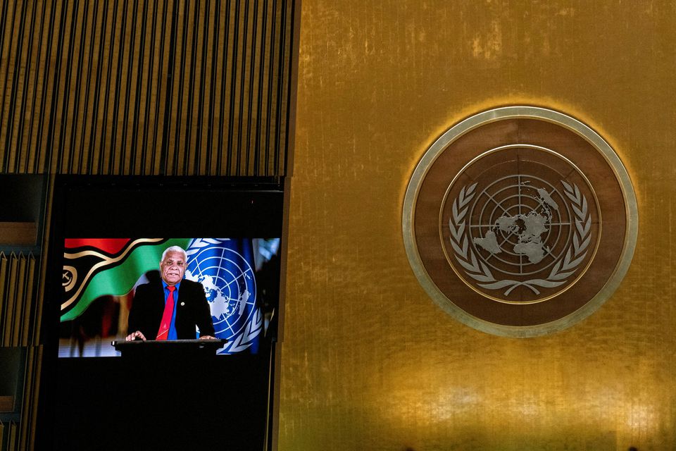 Vanuatu’s Prime Minister Bob Loughman remotely addresses the 76th Session of the U.N. General Assembly by pre-recorded video, in New York City, U.S., September 25, 2021. REUTERS/Eduardo Munoz/Pool/File Photo