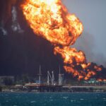 Fire is seen over fuel storage tanks that exploded near Cuba’s supertanker port in Matanzas, Cuba, August 8, 2022. REUTERS/Alexandre Meneghini