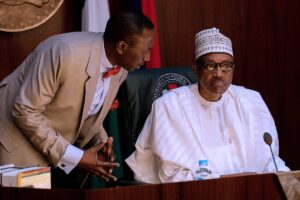 NSA Babagana Monguno (L), President Muhammadu Buhari (R)