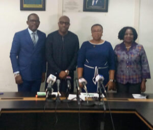 R-L: Executive Sec, Lagos State Technical and Vocational Board (LASTVEB), Mrs Morenike Azeez, Lagos State Commissioner for Education Mrs Folashade Adefisayo, Senior Special Assistant to President on Education Intervention Mr Fela Bank-Olemoh at the launch of T-MAX program in Lagos on Monday