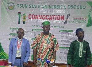 From left: Osun State University Registrar, Alh Gafar Adebayo Shittu, VC, Prof Clement Adebooye and Deputy VC Administration, Prof Afeez Bello, during the press conference heralding the 11th convocation in Osogbo, Monday