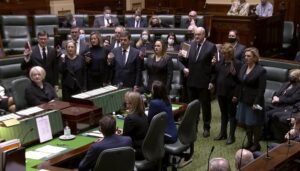 In this image made from video provided by Victoria State Parliament TV, lawmakers in Australia’s Victoria State attend a ceremony to pledge their allegiance to King Charles III on Tuesday, Sept. 13, 2022, in Melbourne, Australia. (Victoria State Parliament TV via AP)