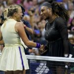 Serena Williams, of the United States, right, greets Anett Kontaveit, of Estonia, after defeating Kontaveit during the second round of the U.S. Open tennis championships, Wednesday, Aug. 31, 2022, in New York. (AP Photo/Seth Wenig)