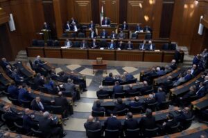 Lebanese lawmakers gather to elect a president at the parliament building in downtown Beirut, Lebanon, Thursday, Sept. 29, 2022. Lebanon’s Parliament on Thursday failed to elect a new president with the majority of lawmakers casting blank ballots. (AP Photo/Bilal Hussein)
