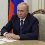 Russian President Vladimir Putin chairs a Security Council meeting via videoconference in Moscow, Russia, Friday, Sept. 23, 2022. (Gavriil Grigorov, Sputnik, Kremlin Pool Photo via AP)