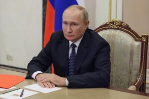 Russian President Vladimir Putin chairs a Security Council meeting via videoconference in Moscow, Russia, Friday, Sept. 23, 2022. (Gavriil Grigorov, Sputnik, Kremlin Pool Photo via AP)
