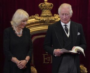 King Charles III and Camilla, the Queen Consort during the Accession Council at St James’s Palace, London, Saturday, Sept. 10, 2022, where King Charles III is formally proclaimed monarch. (Jonathan Brady/Pool Photo via AP)