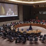 Ukraine President Volodymyr Zelenskyy addresses the United Nations Security Council by video, Tuesday Sept. 27, 2022, at U.N. headquarters. (AP Photo/Bebeto Matthews)