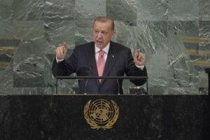 President of Turkey Recep Tayyip Erdogan addresses the 77th session of the United Nations General Assembly, Tuesday, Sept. 20, 2022 at U.N. headquarters. (AP Photo/Mary Altaffer)