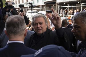 Former White House strategist Steve Bannon, arrives at court, Thursday, Sept. 8, 2022, in New York. Bannon surrendered to New York authorities, and is expected to be charged in border wall scheme. (AP Photo/Yuki Iwamura)