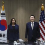 U.S. Vice President Kamala Harris, left, and South Korea’s President Yoon Suk Yeol pose for a photo at a bilateral meeting in Seoul Thursday, Sept. 29, 2022. (Leah Millis/Pool Photo via AP)