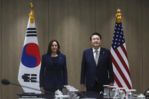 U.S. Vice President Kamala Harris, left, and South Korea’s President Yoon Suk Yeol pose for a photo at a bilateral meeting in Seoul Thursday, Sept. 29, 2022. (Leah Millis/Pool Photo via AP)