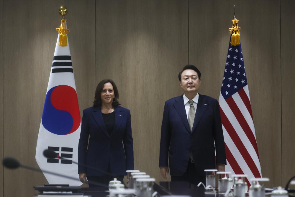 U.S. Vice President Kamala Harris, left, and South Korea’s President Yoon Suk Yeol pose for a photo at a bilateral meeting in Seoul Thursday, Sept. 29, 2022. (Leah Millis/Pool Photo via AP)