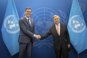 United Nations Secretary-General António Guterres, right, poses for a photo with Spain’s Prime Minister Pedro Sánchez, Monday, Sept. 19, 2022, at U.N. headquarters. (Ariana Lindquist/United Nations via AP)