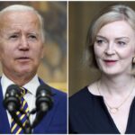 This combination of photos shows U.S. President Joe Biden at the White House on Aug. 24, 2022, in Washington, left, and Britain’s Prime Minister Liz Truss at Westminster Hall, in the Palace of Westminster, in London on Sept. 12, 2022. The prime minister’s office said Biden and Truss will meet on Sunday, Sept. 18, at 10 Downing Street, one of several meetings that the new prime minister plans to hold with world leaders converging on London for Monday’s royal funeral. (AP Photo)
