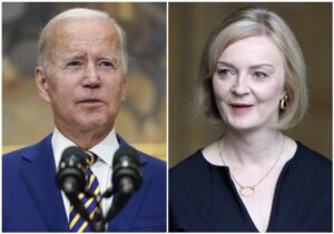 This combination of photos shows U.S. President Joe Biden at the White House on Aug. 24, 2022, in Washington, left, and Britain’s Prime Minister Liz Truss at Westminster Hall, in the Palace of Westminster, in London on Sept. 12, 2022. The prime minister’s office said Biden and Truss will meet on Sunday, Sept. 18, at 10 Downing Street, one of several meetings that the new prime minister plans to hold with world leaders converging on London for Monday’s royal funeral. (AP Photo)