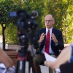 Democratic Party’s leader Enrico Letta speaks during an interview with The Associated Press in Rome, Tuesday, Sep. 13, 2022. In opinion polls, former Premier Enrico Letta’s Democratic Party is running neck-and-neck with the far-right Brothers of Italy party, which has neo-fascist roots and is led by Giorgia Meloni. Italians vote for a new Parliament on Sept. 25. (AP Photo/Domenico Stinellis)