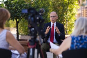 Democratic Party’s leader Enrico Letta speaks during an interview with The Associated Press in Rome, Tuesday, Sep. 13, 2022. In opinion polls, former Premier Enrico Letta’s Democratic Party is running neck-and-neck with the far-right Brothers of Italy party, which has neo-fascist roots and is led by Giorgia Meloni. Italians vote for a new Parliament on Sept. 25. (AP Photo/Domenico Stinellis)