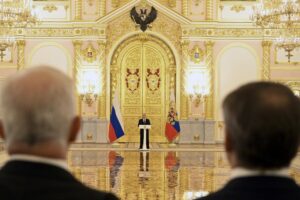 Russian President Vladimir Putin, center, delivers his speech as he attends a ceremony to receive credentials from newly appointed foreign ambassadors to Russia, at the Kremlin, in Moscow, Tuesday, Sept. 20, 2022. (Pavel Bednyakov, Sputnik, Kremlin Pool Photo via AP)