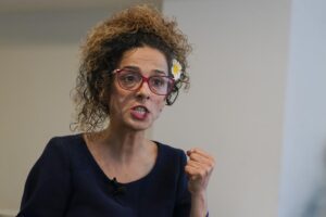 Iranian dissident Masih Alinejad gestures as she speaks during an interview with The Associated Press, Friday, Sept. 23, 2022, in New York. (AP Photo/Mary Altaffer)