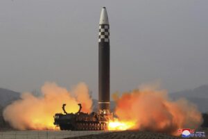 FILE – This photo distributed by the North Korean government shows what it says a test-fire of a Hwasong-17 intercontinental ballistic missile (ICBM), at an undisclosed location in North Korea on March 24, 2022. China and Russia’s reluctance to toughen U.N. sanctions on North Korea is “the biggest challenge” facing efforts to eliminate the North’s nuclear arsenal, a top South Korean official said Thursday, Sept. 1, 2022, as the North remains ready to conduct its first nuclear test in five years. Independent journalists were not given access to cover the event depicted in this image distributed by the North Korean government. The content of this image is as provided and cannot be independently verified. Korean language watermark on image as provided by source reads: “KCNA” which is the abbreviation for Korean Central News Agency. (Korean Central News Agency/Korea News Service via AP, File)
