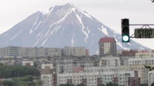 Klyuchevskaya Sopka towers above the city of Petropavlovsk-Kamchatskiy