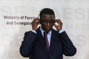 Senegal’s Foreign Minister Amadou Ba reacts during a joint news conference with U.S. Secretary of State Mike Pompeo at the Presidential Palace in Dakar, Senegal February 16, 2020. Andrew Caballero-Reynolds/Pool via REUTERS