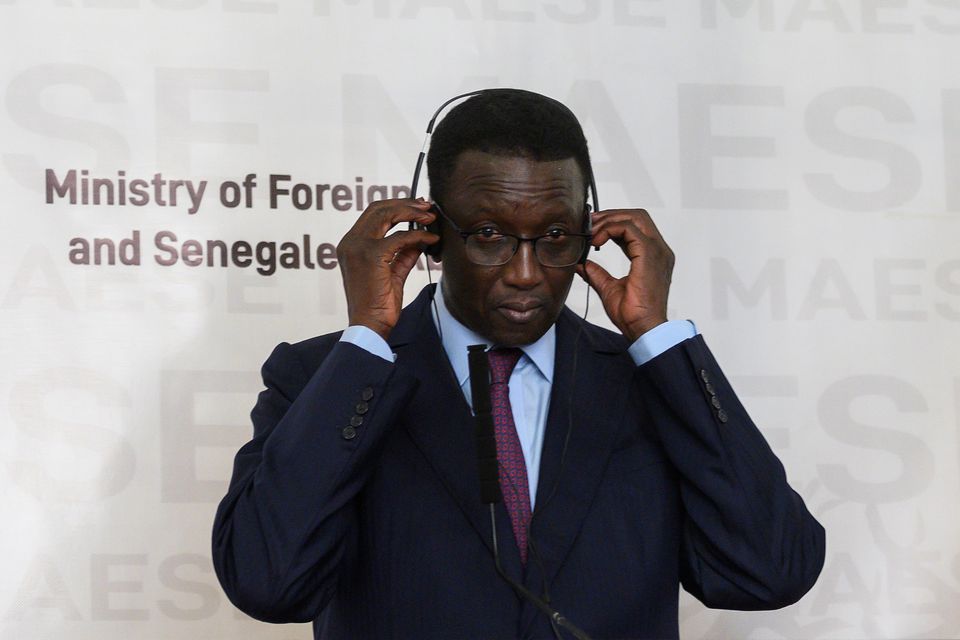 Senegal’s Foreign Minister Amadou Ba reacts during a joint news conference with U.S. Secretary of State Mike Pompeo at the Presidential Palace in Dakar, Senegal February 16, 2020. Andrew Caballero-Reynolds/Pool via REUTERS