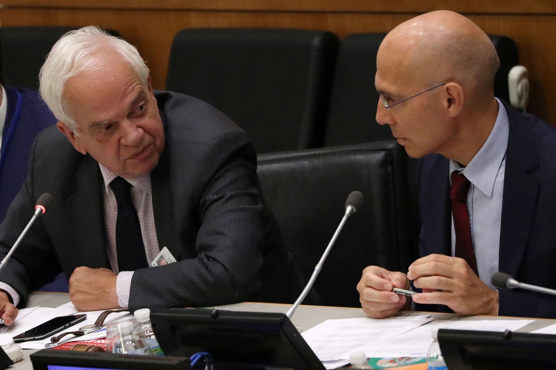 Canadian Minister of Immigration John McCallum speaks with Assistant High Commissioner for Protection Volker Turk (right) at an event on “Mobilizing a ‘Whole of Society’ Approach to Refugees” during the 71st Session of the United Nations General Assembly in the Manhattan, New York, U.S., September 20, 2016. REUTERS/Andrew Kelly/File Photo
