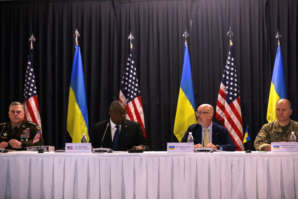 U.S. Secretary of Defense Lloyd J. Austin, Ukraine’s Defense Minister Oleksiy Reznikov, U.S. Chairman of the Joint Chiefs of Staff Gen. Mark A. Milley and Ukraine’s Lieutenant General Yevhen Moisiuk attend a meeting of the Ukraine Defense Contact Group at the American military’s Ramstein Air Base, near Ramstein-Miesenbach, Germany, September 8, 2022. REUTERS/Thilo Schmuelgen