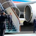 Russian President Vladimir Putin disembarks from the plane as he arrives for the Shanghai Cooperation Organization (SCO) summit in Samarkand, Uzbekistan September 15, 2022. Foreign Ministry of Uzbekistan/Handout via REUTERS