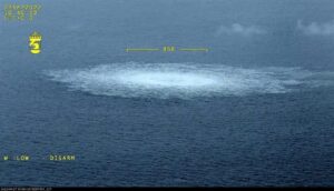 In this picture provided by Swedish Coast Guard, the gas leak in the Baltic Sea from Nord Stream photographed from the Coast Guard’s aircraft on Wednesday, Sept. 27, 2022. A fourth leak on the Nord Stream pipelines has been reported off southern Sweden. Earlier, three leaks had been reported on the two underwater pipelines running from Russia to Germany. (Swedish Coast Guard via AP)