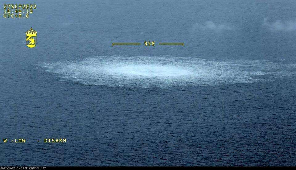 In this picture provided by Swedish Coast Guard, the gas leak in the Baltic Sea from Nord Stream photographed from the Coast Guard’s aircraft on Wednesday, Sept. 27, 2022. A fourth leak on the Nord Stream pipelines has been reported off southern Sweden. Earlier, three leaks had been reported on the two underwater pipelines running from Russia to Germany. (Swedish Coast Guard via AP)