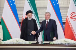 Uzbekistan’s President Shavkat Mirziyoyev meets Iran’s counterpart Ebrahim Raisi ahead of the Shanghai Cooperation Organization (SCO) summit in Samarkand, Uzbekistan September 14, 2022. Foreign Ministry of Uzbekistan/Handout via REUTERS