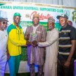 L-R: Prince Thompson Oladimeji; Chairman Kwara State Sports Commission Mallam Bolakale Mogaji; Governor AbdulRahman AbdulRazaq; Mallam Idris Abdullahi Musa; Abdulwheed Saliu; and Mr Kumbi Titiloye; during the presentation of award to distinguished and deserving Awardees, in Ilorin, on Saturday.